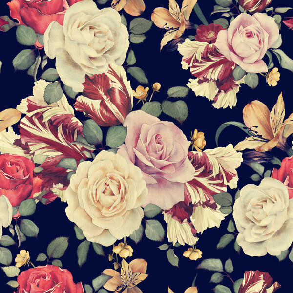 Seamless floral pattern with roses, watercolor