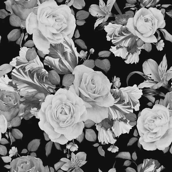 Απρόσκοπτη floral σχέδιο με τριαντάφυλλα, ακουαρέλα — Φωτογραφία Αρχείου