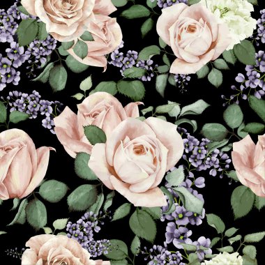 Seamless floral pattern with roses, watercolor. Vector illustrat