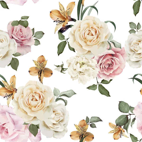 Seamless floral pattern with roses, watercolor. Vector illustrat