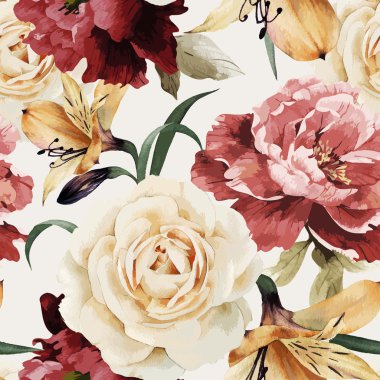Seamless floral pattern with roses, watercolor. Vector illustrat