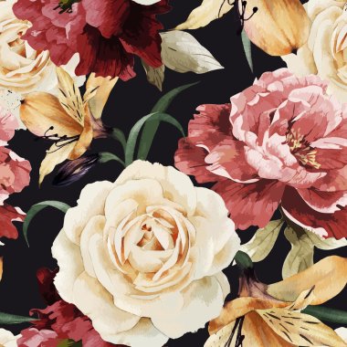 Seamless floral pattern with roses, watercolor. Vector illustrat