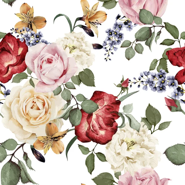 Seamless floral pattern with roses, watercolor. Vector illustrat — Stok Vektör