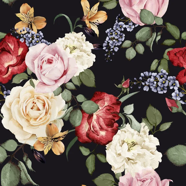 Seamless floral pattern with roses, watercolor. Vector illustrat — ストックベクタ