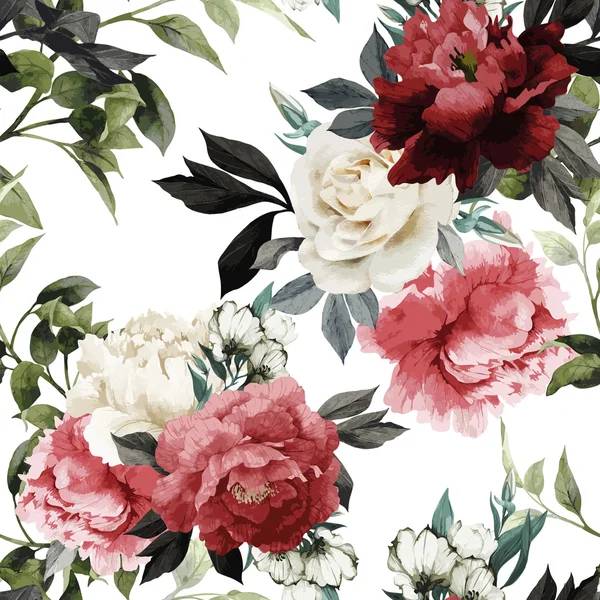 Seamless floral pattern with roses, watercolor. Vector illustrat — Stok Vektör