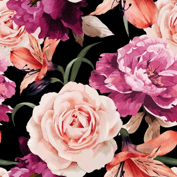 Seamless floral pattern with roses, watercolor. Vector illustrat — ストックベクタ
