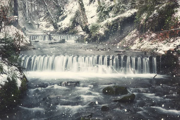 Amazing Nature Winter Landscape Mountain Creek Surrounded Snowy Forest Snowfall — Stock Photo, Image