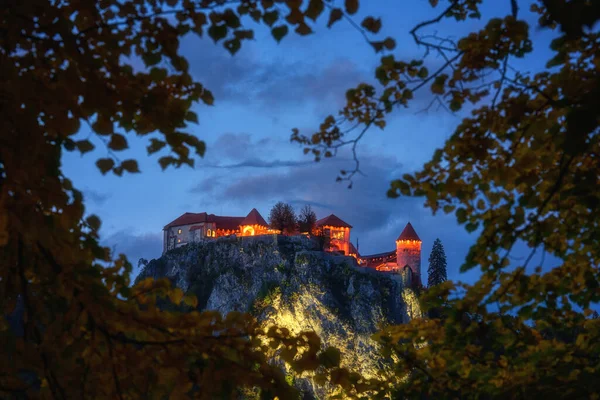 日落时在悬崖上的布莱德城堡 斯洛文尼亚的布莱德湖 Blejsko Jezero 色彩斑斓的秋天风景尽收眼底 户外旅行背景 — 图库照片