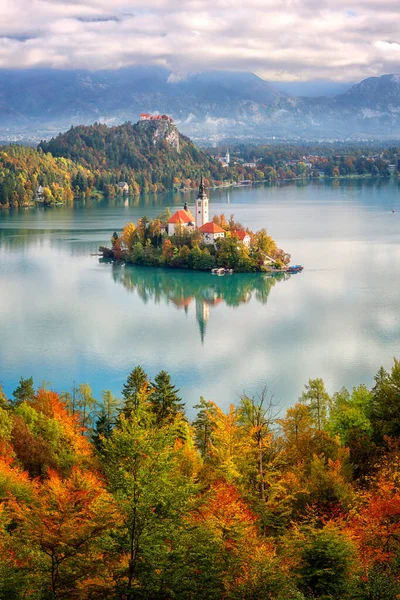 Famous Alpine Bled Lake Blejsko Jezero Slovenia Amazing Autumn Landscape — Stock Photo, Image