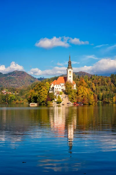 Slovenya 'daki ünlü Alp Bled Gölü (Blejsko jezero), muhteşem sonbahar manzarası. Gölün manzarası, kiliseli ada, bulutlu mavi gökyüzü ve sudaki yansıma, dış seyahat arka planı.