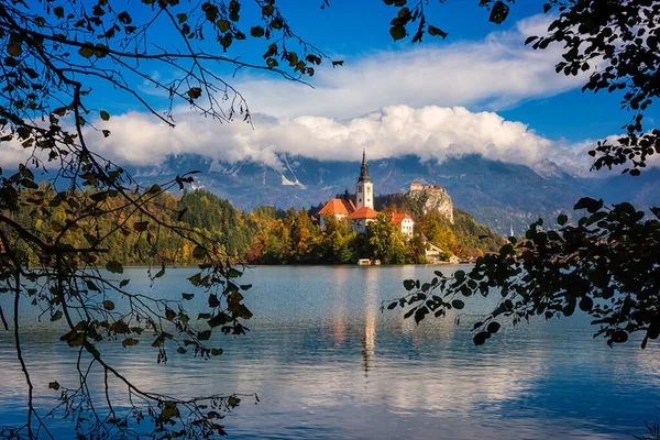 Híres Alpesi Bled Blejsko Jezero Szlovéniában Csodálatos Őszi Táj Szcenírozott — Stock Fotó