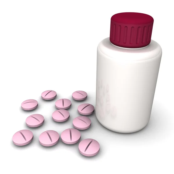 Garrafa pílula e pílulas — Fotografia de Stock