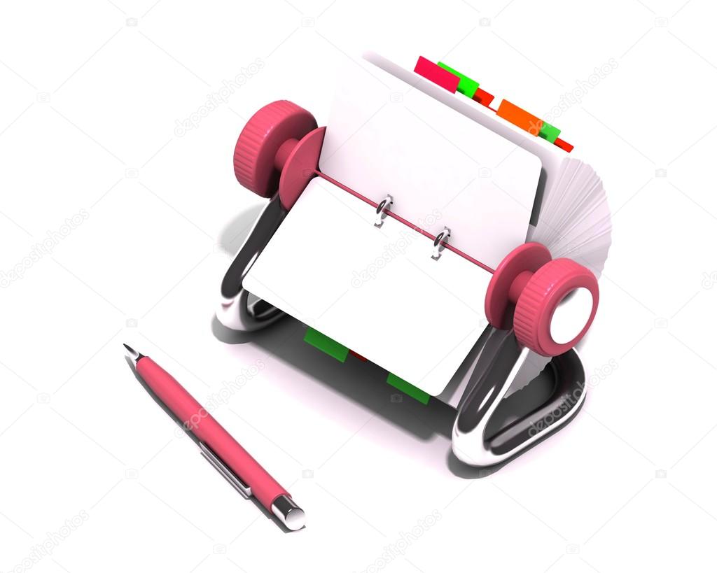 Rolodex and pen on white