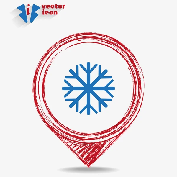 Icono de nieve en un puntero rojo — Vector de stock