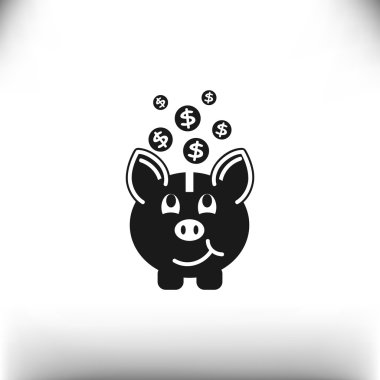 Kumbara düşme ile basit simgesi, anahat vektör çizim paralar