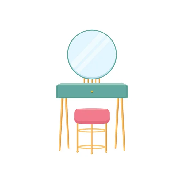 Nainen budoaari pöytä, peili ja poof. Tasainen tyyli vektori kuva. — vektorikuva