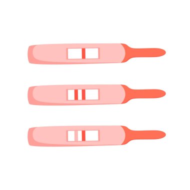 Pozitif, negatif, sorgulanabilir hamilelik testleri ayarlandı. Çizgi film tarzında vektör illüstrasyonu. Beyaz arkaplanda.