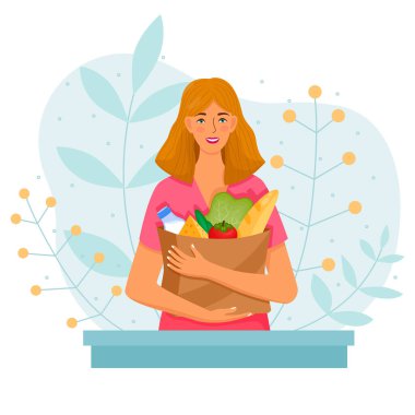 Masasında yemek olan mutlu bir kadın. Kız elinde domatesli peynirli ekmek ve süt dolu bir kese kağıdı tutuyor. Ekolojik tarım ürünleri. Çevre. Düz arkaplan üzerindeki vektör konsepti çizimi