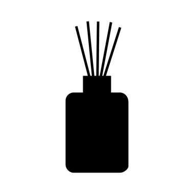 Aroma yayıcı siluet. Vektör illüstrasyonu beyaz arkaplan izole edildi. Siyah ve Beyaz. Cam kavanoz ikonunda çubuklar. Sıvı parfüm yağı. Temel hava kokusu aroması terapisi. Güzellik grafiği.
