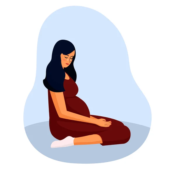 Una mujer embarazada está llorando sentada en el suelo. Depresión durante el embarazo. Hormonas durante el embarazo. Ilustración vectorial en estilo plano sobre fondo blanco — Vector de stock