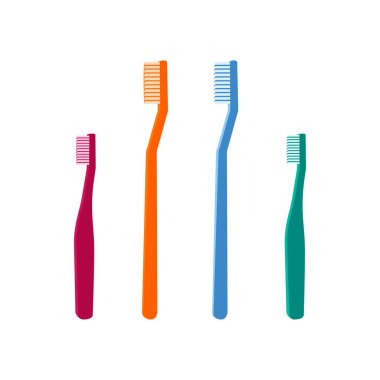 Tüm aile için diş fırçası. Çocuklar ve yetişkin diş fırçası. Beyaz arkaplan izole edilmiş bir sette vektör çizimi. Turuncu mavi pembe renk simgesi.