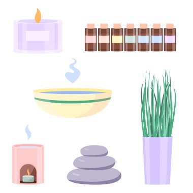 Spa vektör kümesi. Temel Yağ. Aromaterapi. Vektör çizimleri. Simge.