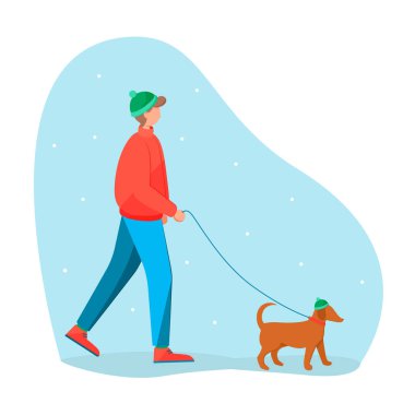 Köpek vektör illüstrasyonuyla dışarıda yürüyen adam.