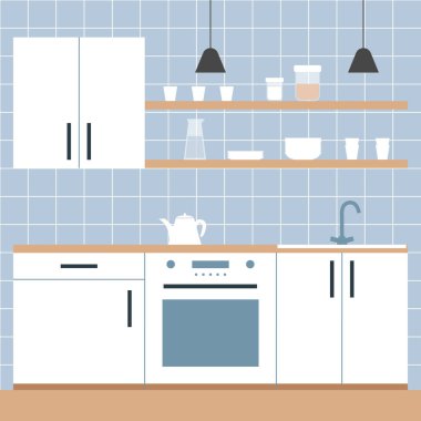 Beyaz mutfak minimalist İskandinav tarzı. Tabaklı raflar, bir sürahi su, kupalar, toplu ürünler için konteynırlar. Çaydanlık ocakta. Düz biçimli vektör illüstrasyon kavramı.