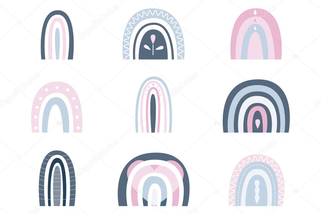 Cute sky set of rainbows, sun, rain, drops. Vector illustration in blue, pink and gray colors For children s textiles, decor, tableware, postcards, albums, posters, posters. Drawn in flat naiv style.