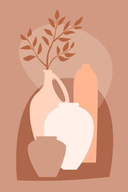 Vazolar, palmiye yaprakları. Bej tonlarda soyut modern minimalist çizim. Stock vektör illüstrasyonu. Tebrik kartları, tişörtler, davetiyeler, posterler için tasarım