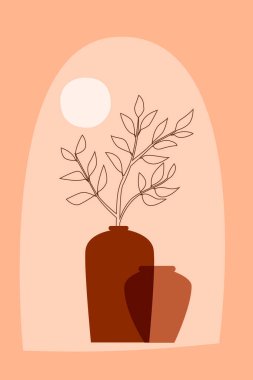 Pencere, vazo ve çiçeklerin asgari moda boho tarzı elementlerindeki vektör soyut yaratıcı arka plan tropikal yaprak.