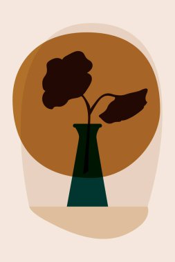 Vazolar, palmiye yaprakları sulama kutusu. Bej tonlarda soyut modern minimalist çizim. Stock vektör illüstrasyonu. Tebrik kartları, tişörtler, davetiyeler, posterler için tasarım.