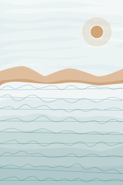 Dağlarla, denizle, güneşle, hatlarla dolu bir manzara. Sancak tarzında manzara arkaplanı. Dalgalı şekilli geometrik desen. Soyut vektör sanatı