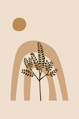 Shape Green Boho Yaprak Bitki Güneş Minimalist Duvar Sanatı Jeometrik Soyut Yazdırma Bohem Sanatı, vektör hilal, poster vintage çizimi