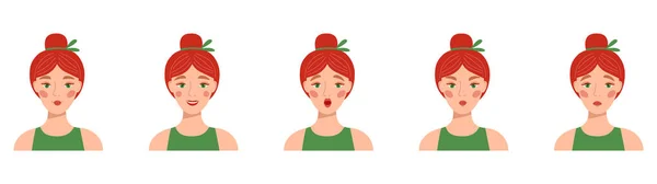 Set of female emotions. Expression of the face. Girl s avatar. Basic emotions. Woman with pink hair and bun hairstyle.Vector illustration flat cartoon style. A calm cheerful sad angry surprised woman. — Stock Vector