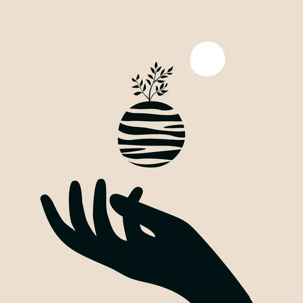 Una mano con la planta y el planeta. Un símbolo de consumo consciente y respetuoso con el medio ambiente. Plantilla con una composición abstracta. Minimalismo estilo boho. Banner vectorial, postales, dibujos murales — Archivo Imágenes Vectoriales