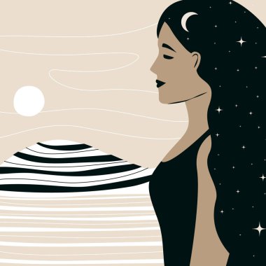 Düz grafik illüstrasyonunun el çizimi vektör soyut elementi, bohem astroloji, astronominin mistik yıldızlarının büyülü sanatı. Siyah saçlı bir kadın, boho tarzı, minimalist bir poster. Peyzaj