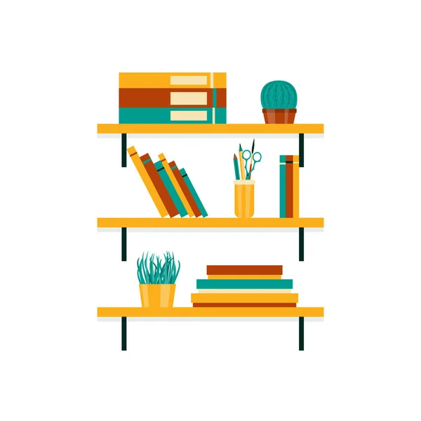 Mounted shelf with books, plants, office folders and boxes isolated on a white background in the autumn palette. Vector flat illustration — Stock Vector