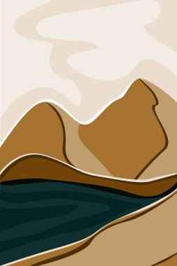 Soyut doğa, deniz, gökyüzü, güneş, nehir, kaya dağı manzarası posteri. Geometrik manzara arka planı İskandinav boho tarzında. Vektör illüstrasyonu minimalist düz biçim