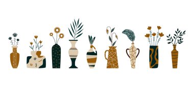 Seramik vazolarda, saksılarda, İskandinav usulü çiçek ve yapraklar. Tarla, tropikal, saksı bitkileri. Beyaz arkaplan, vektör illüstrasyonuna ayarla.