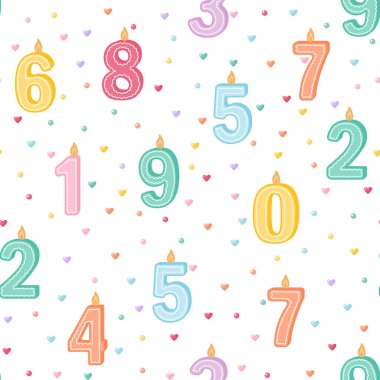 Konfetilerin kalplerinin, boncuklarının ve mumlarının olduğu kusursuz bir şablon. Doğum günlerini süslemek için beyaz arkaplanda vektör illüstrasyonu, ambalaj kağıdı