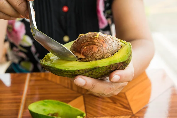 Mujer Comer Avocodo fresco para una alimentación saludable Imagen De Stock