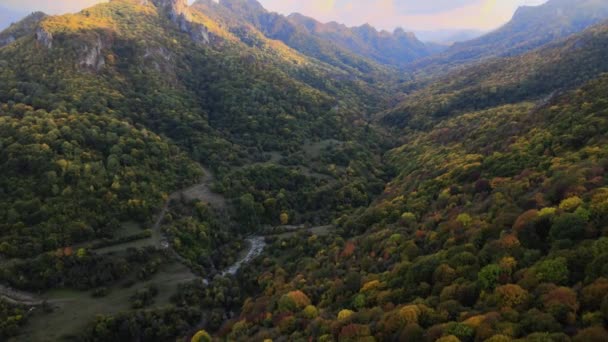 Landschaftspanorama Eines Mit Farbenfrohen Herbstwäldern Bedeckten Berghügels Drohnen Ansicht — Stockvideo