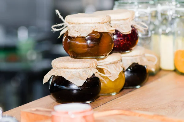 Homemade marmalade. Glass jars with jam and preserves