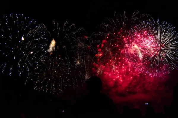 Bokeh arkaplanlı renkli havai fişekler. Soyut festival arkaplanı