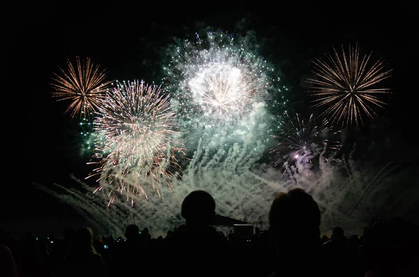 Bokeh arkaplanlı renkli havai fişekler. Soyut festival arkaplanı