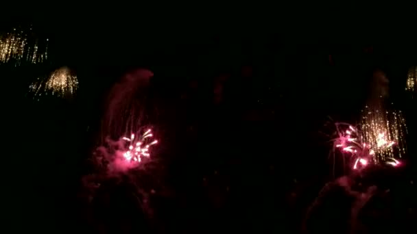 夜空にぼっくりと光る本物の黄金の花火の抽象的なぼかし 輝く花火 花火の日 — ストック動画