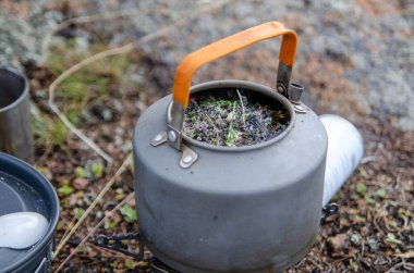 Küçük bir çaydanlık bir ateşin üzerinde ısıtılır. Yürüyüş, dağlara seyahat. Açık hava eğlencesi konsepti.