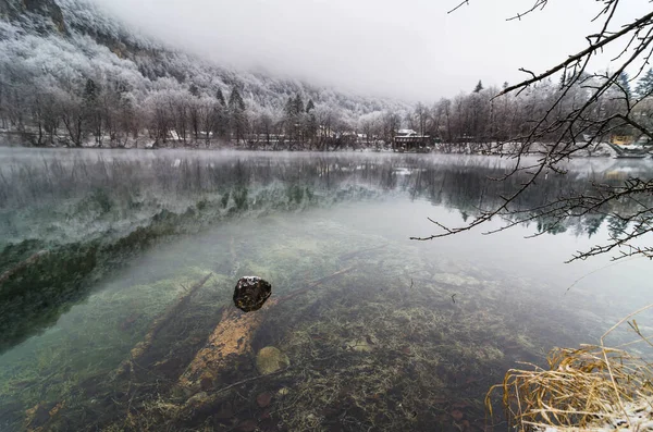 Göldeki ağaçların yansıması ve kristal berrak mavi su ile muhteşem bir manzara. Yer Mavi Göl, Kabardino-Balkaria. Kuzey Kafkasya, Rusya