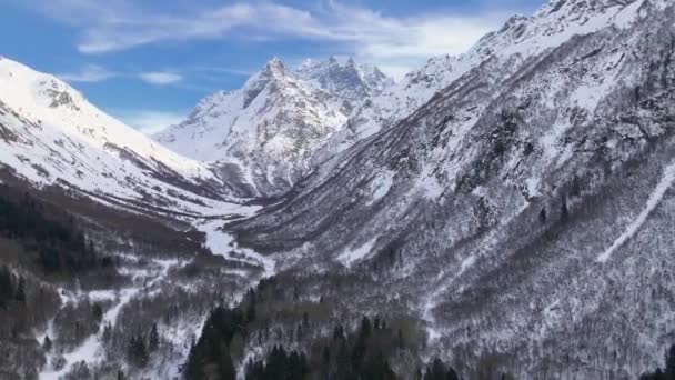 Majestuosas Montañas Nevadas Bosques Ubicación Dombay Rusia — Vídeo de stock